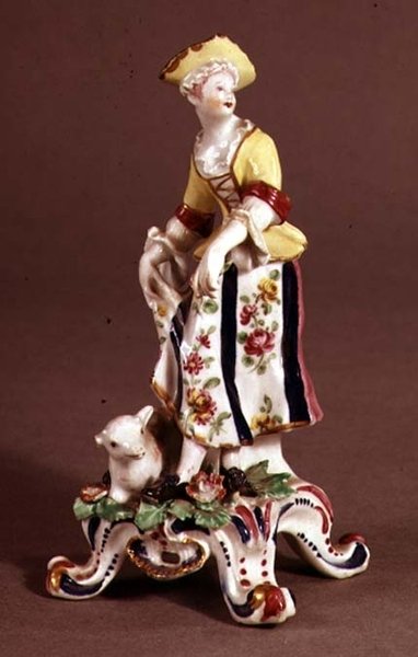 Sløyfeporselensfigur av en gjeterinne, ca. 1765 (keramikk) av English School
