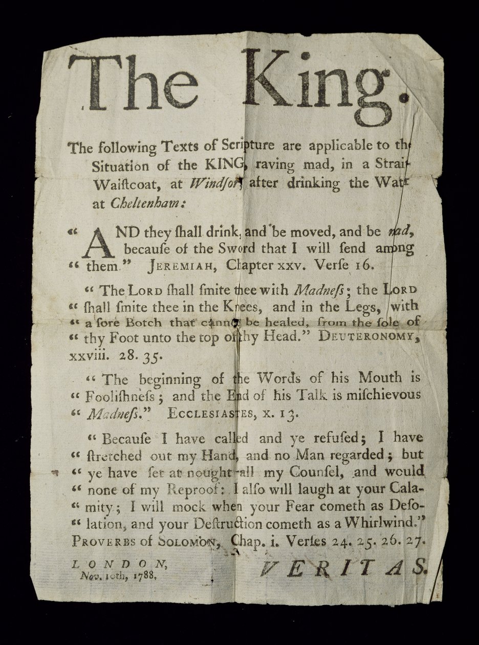 Broadsheet som diskuterer galskapen til kong George III, 1788 (nyhetstrykk) av English School