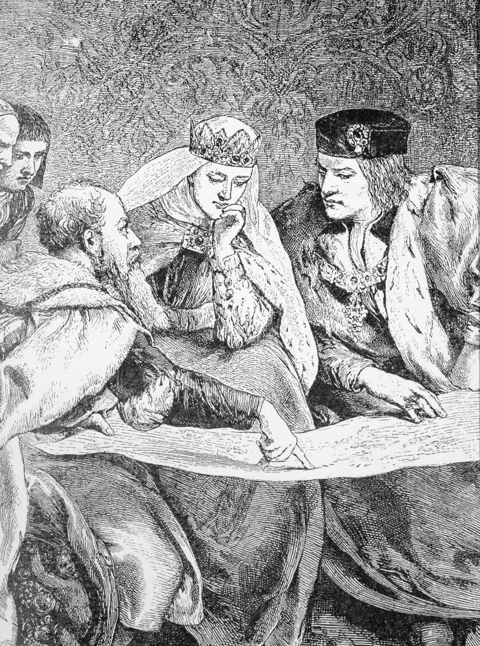 Christopher Columbus (1451-1506) beskriver sin reise til Amerika til kong Ferdinand II (1452-1516) og dronning Isabella (1451-1504) av English School