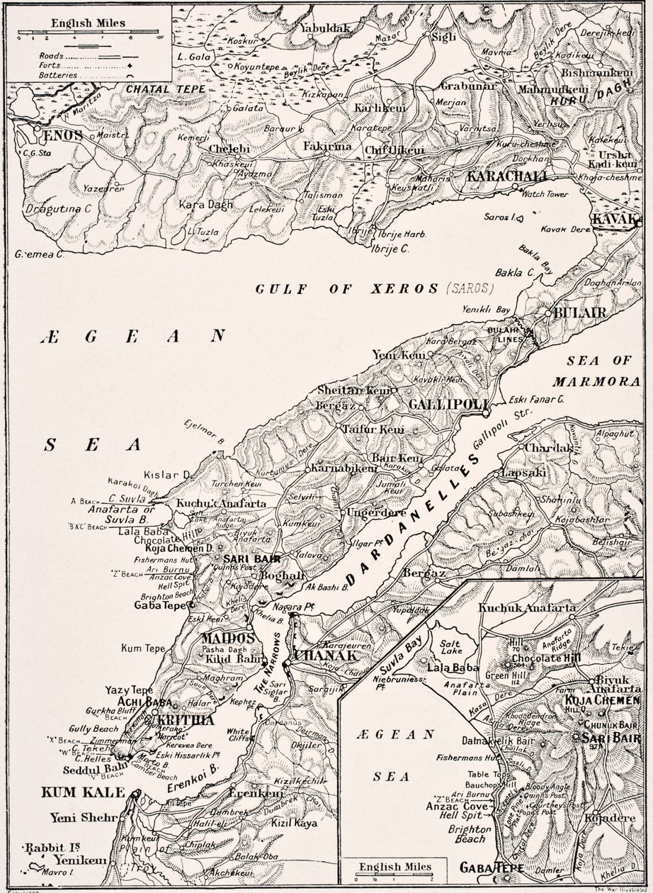 Detaljert kart over Gallipoli-halvøya og Dardanellene Tyrkia, 1915, fra 