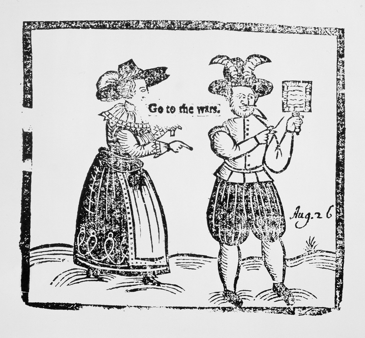Gå til krigene, illustrasjon fra en brosjyre som viser resolusjonen til kvinner i London som sendte sine ektemenn for å kjempe i trettiårskrigen, ca. 1619 av English School