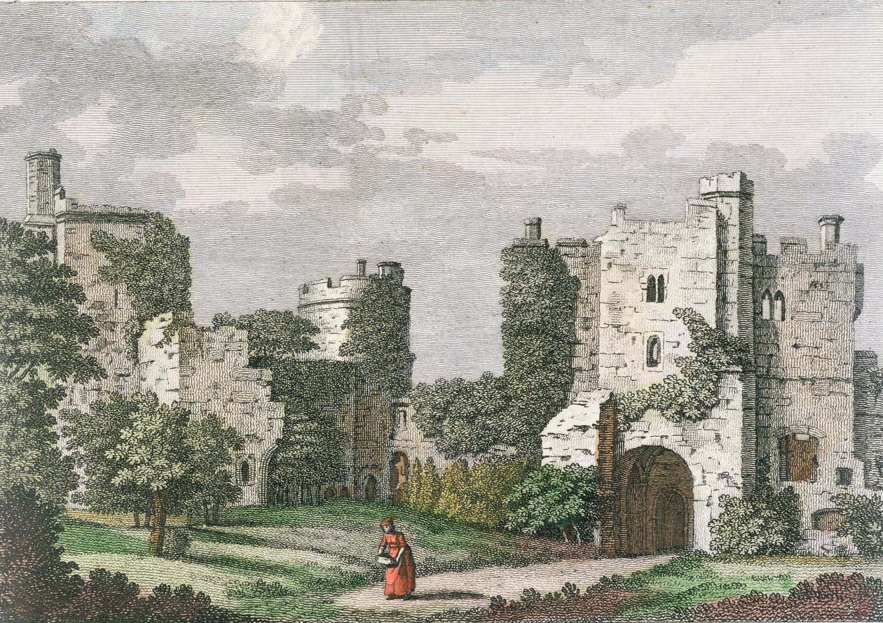 Indre utsikt og port til Bodiam Castle, Sussex, 27. mai 1785 (fargegravering) av English School
