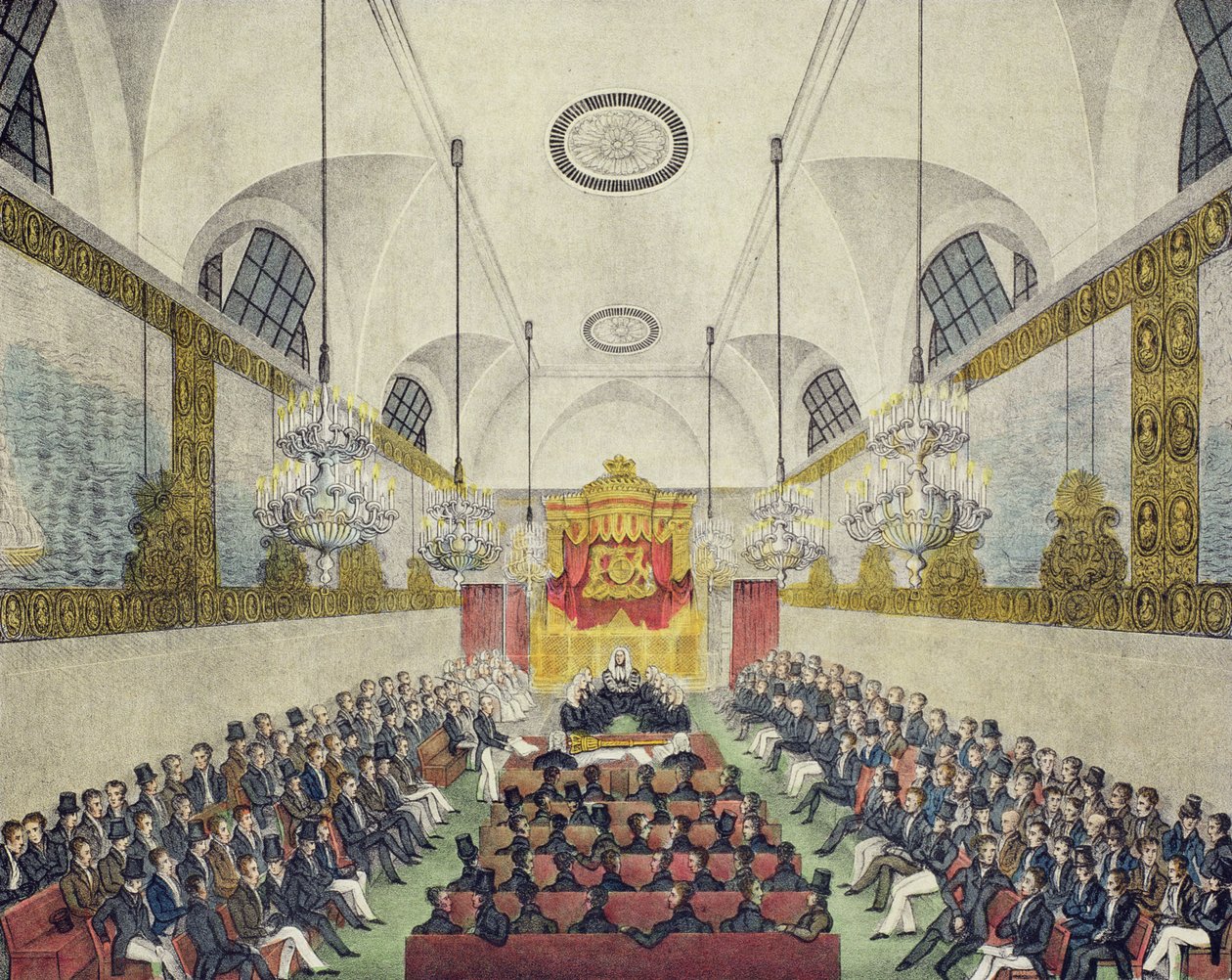 Interiør av House of Lords, i Palace of Westminster, trykt og utgitt av Charles Ingrey, ca. 1830 (farget lito) av English School