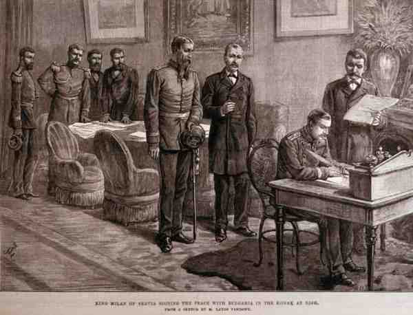 Kong Milan av Servia signerer freden med Bulgaria i Konak i Nish, fra The Illustrated London News, 4. mars 1886 av English School