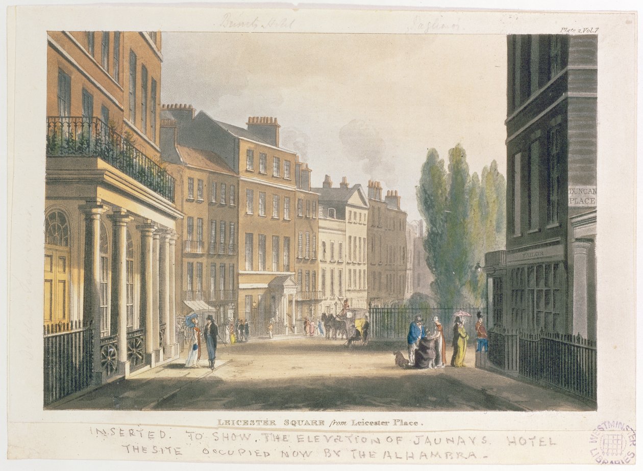 Leicester Square fra Leicester Place, London, plate 2 fra bind 7 av Ackermanns Repository of Arts, 1812 (akvatint) av English School