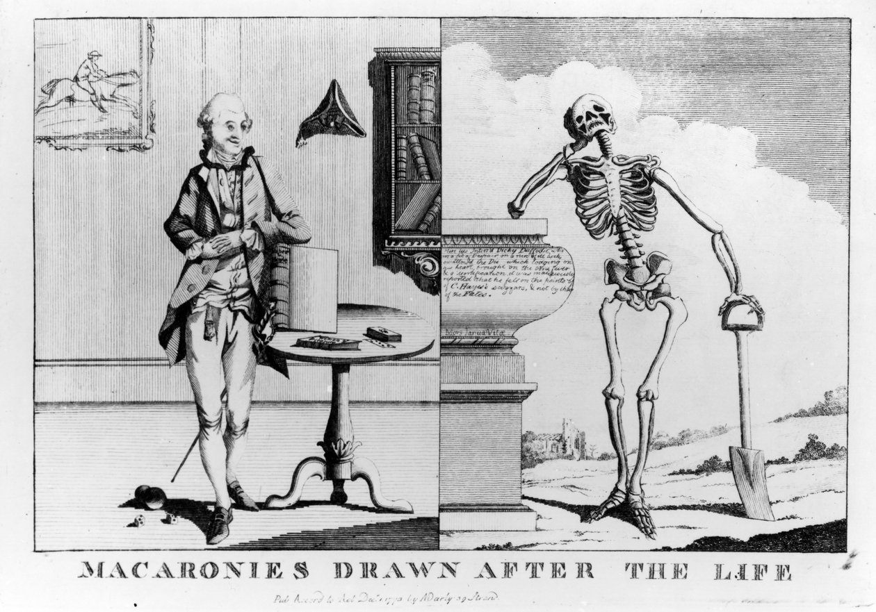 Macaronies Drawn After the Life, pub. av N. Darly, desember 1773 av English School
