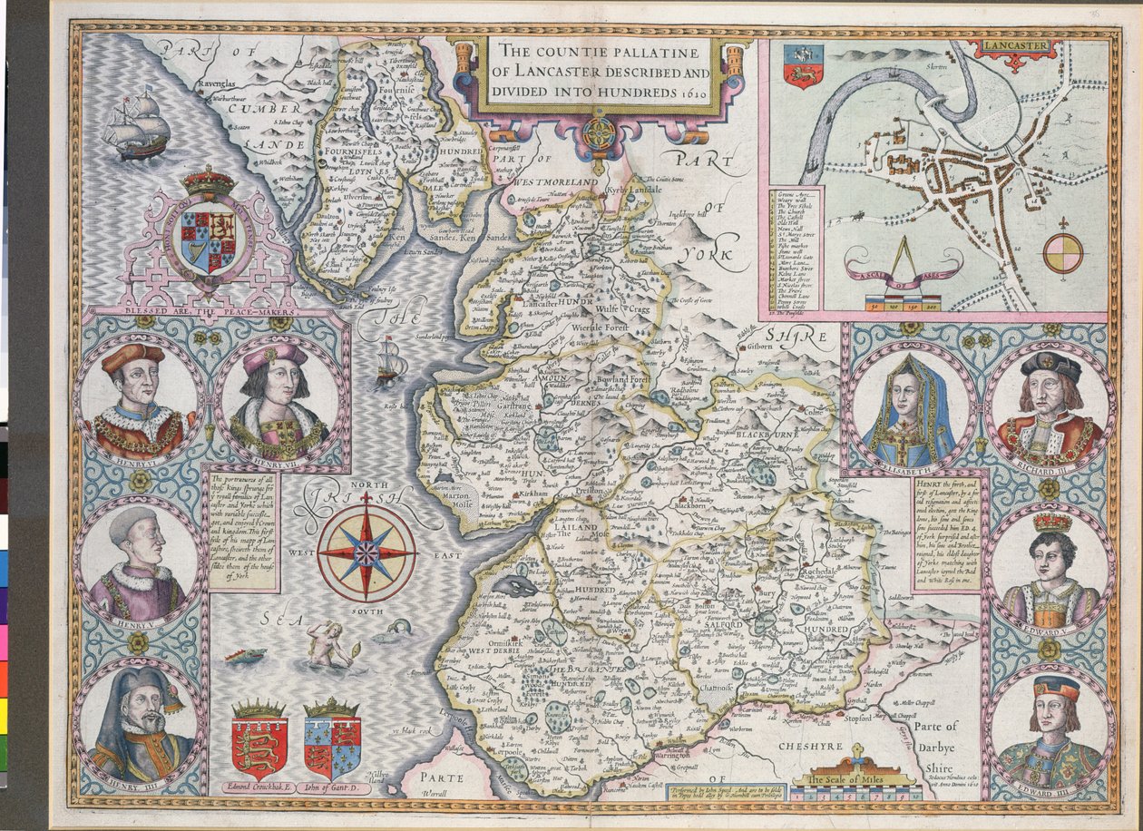 Kart over Lancaster delt inn i hundrevis, 1610 (fargegravering) av English School