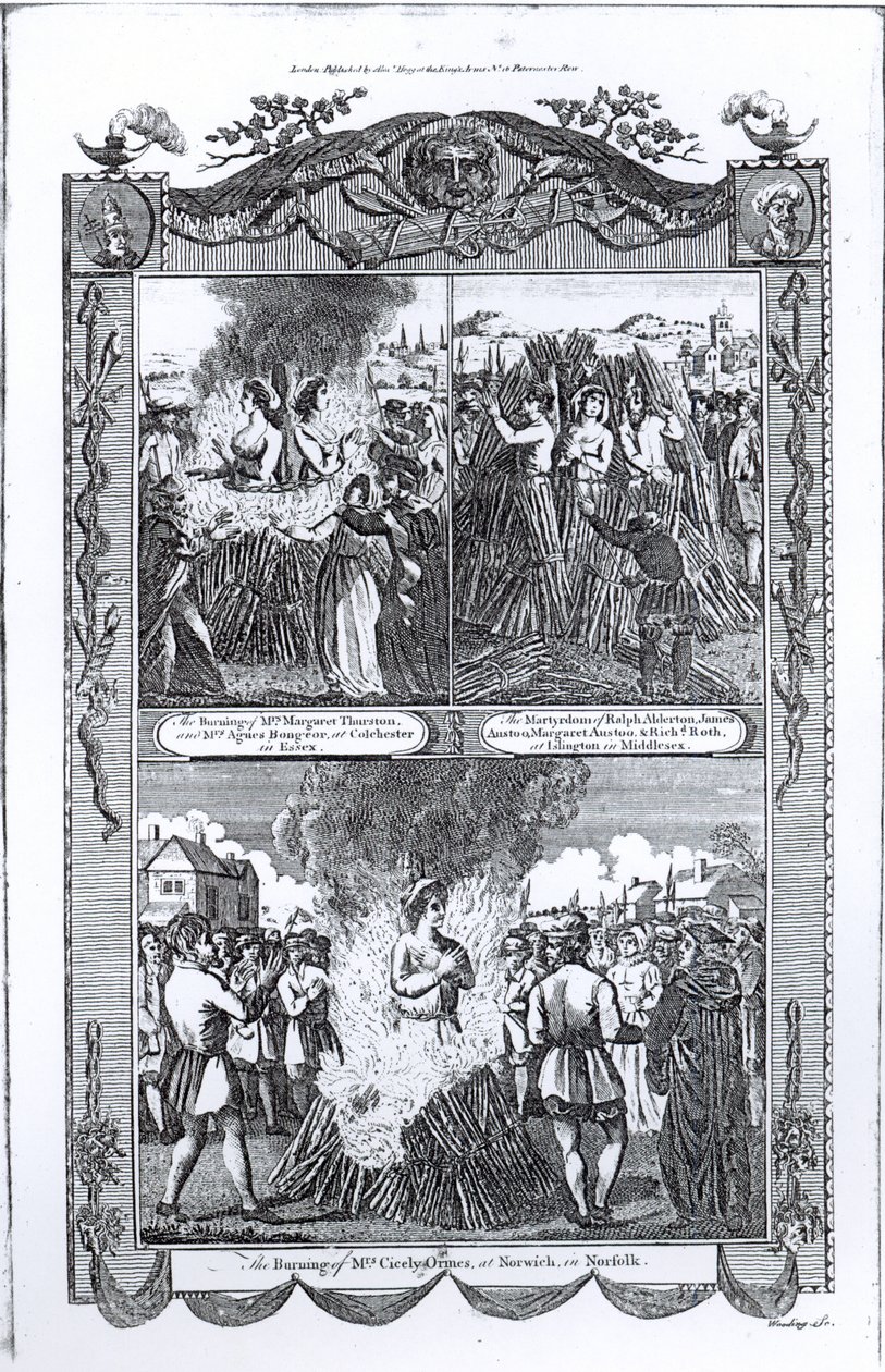 Menn og kvinner brent på bålet i 1557, fra en utgave av 