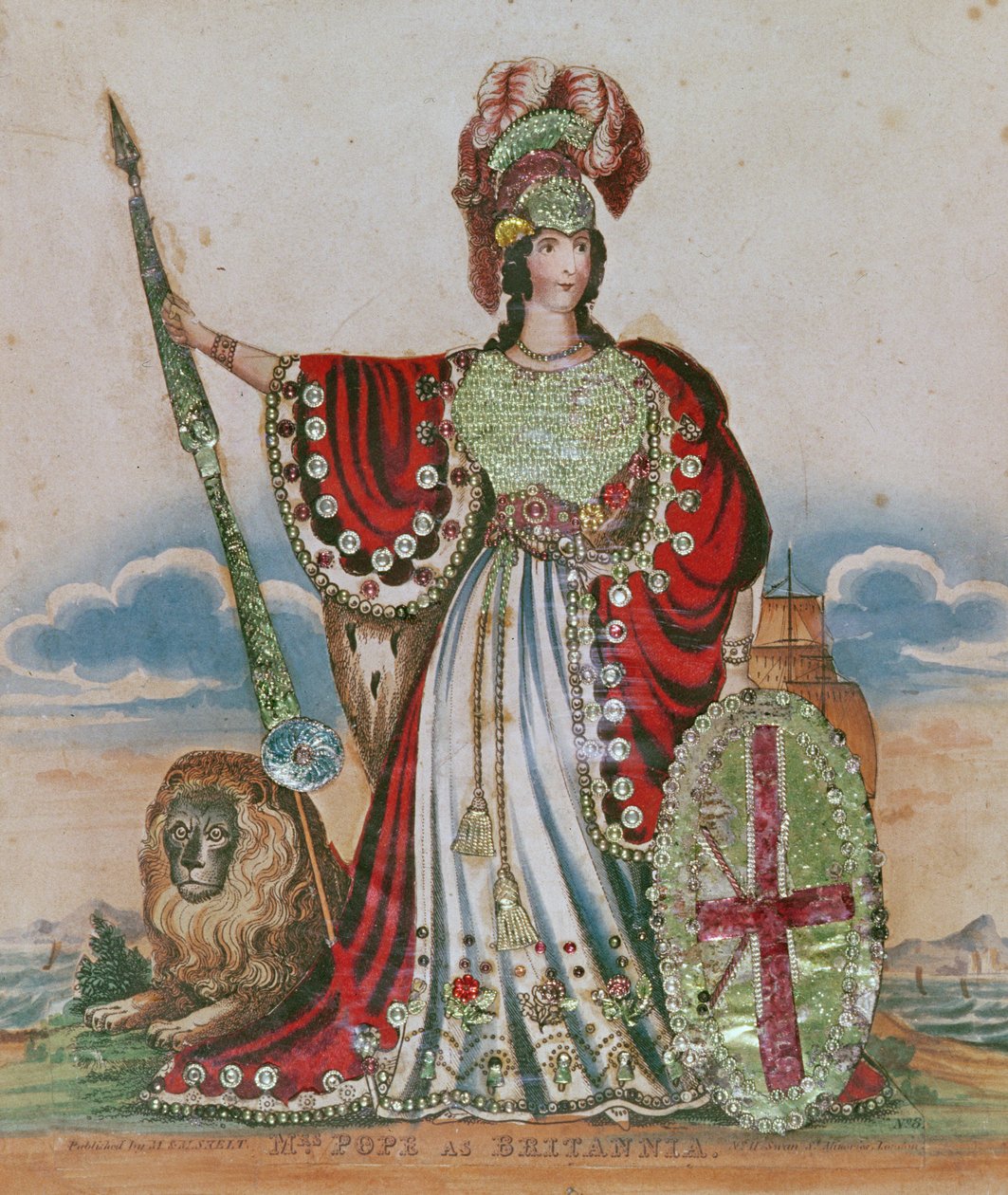 Fru Pave som Britannia (gravering og collage) av English School