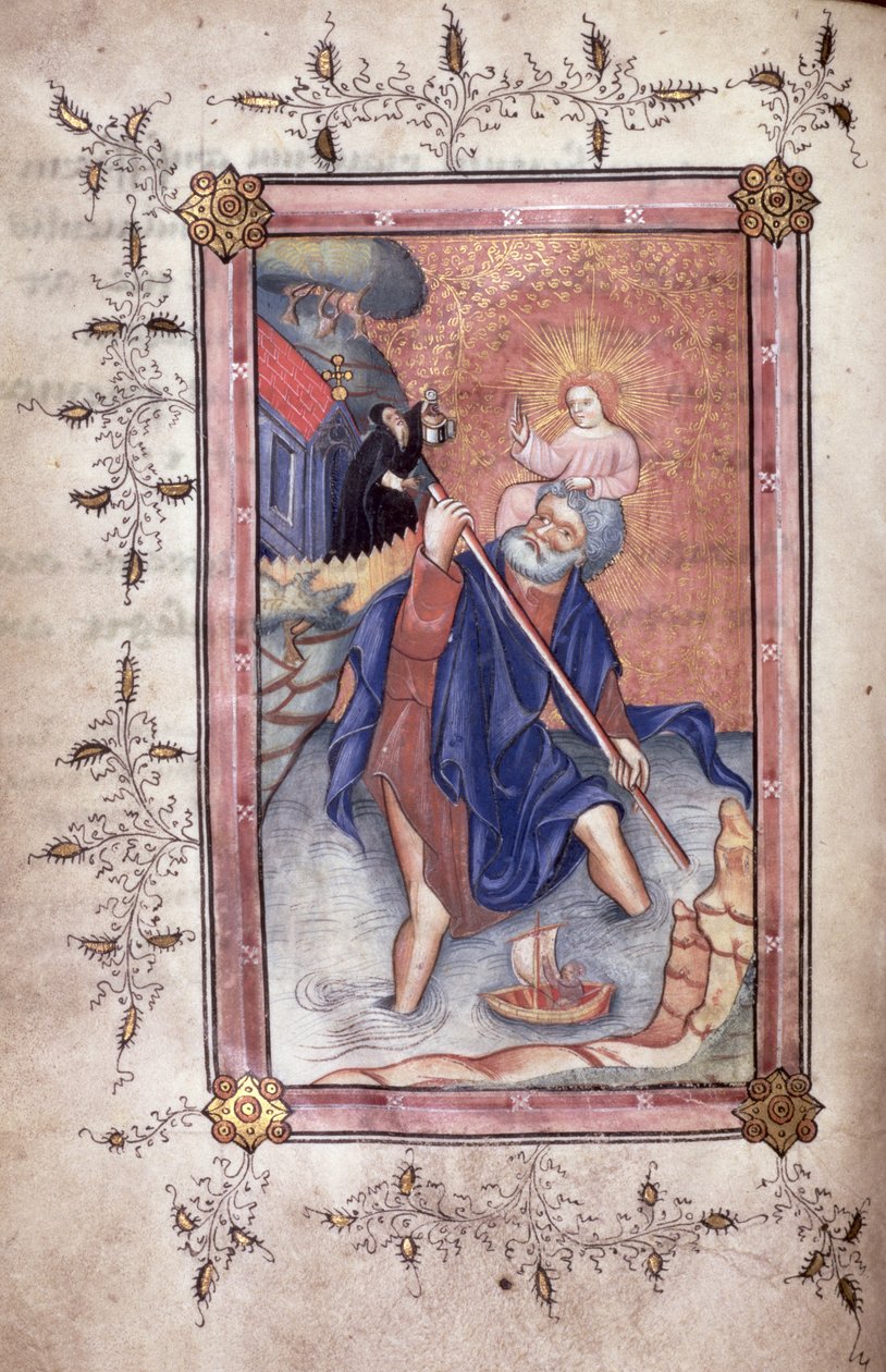 Ms 49 f.28v St. Christopher bærer Kristus over en elv (vellum av English School