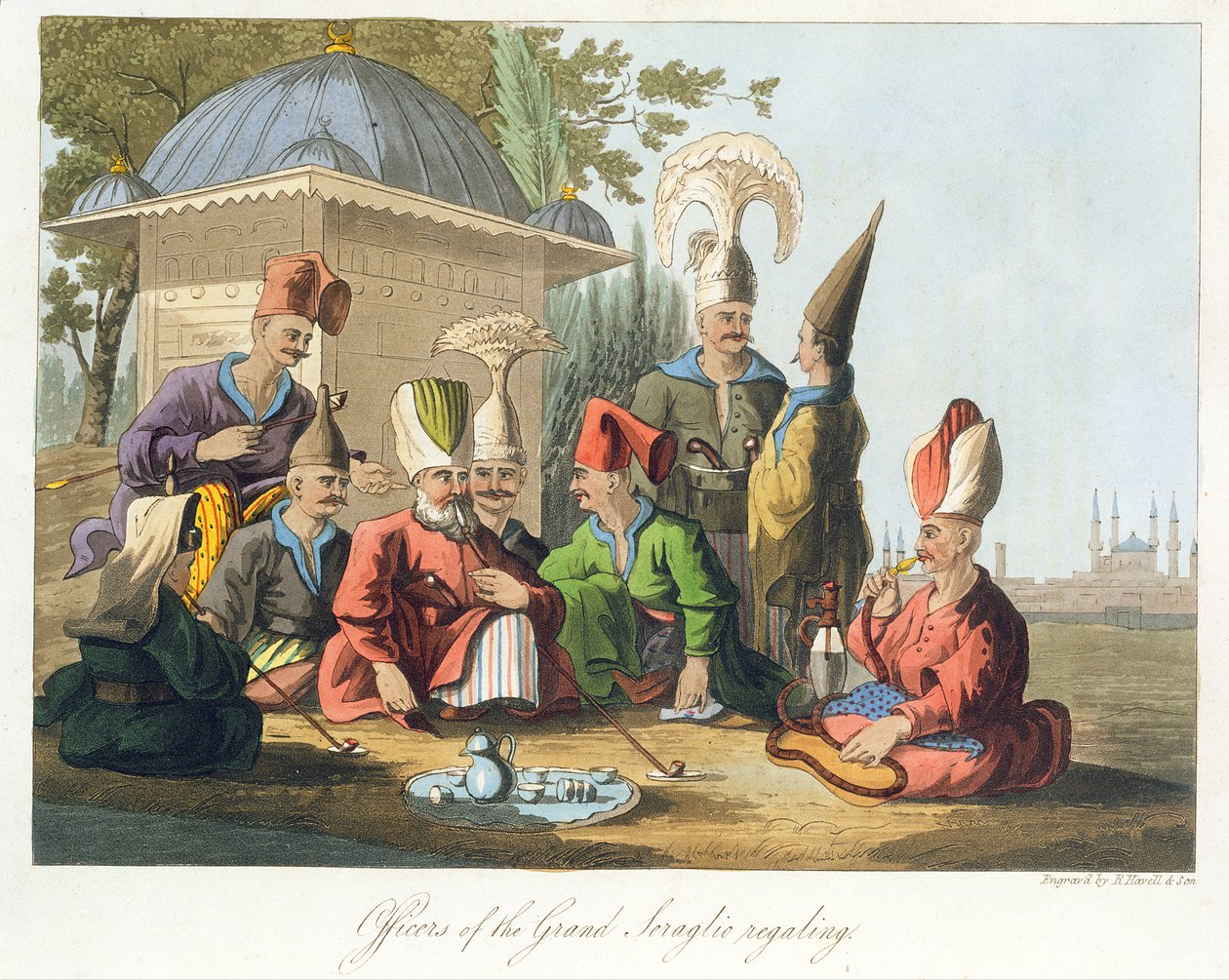 Offiserer ved Grand Seaglio Regaling, gravert av Robert Havell and Sons, ca. 1816 av English School