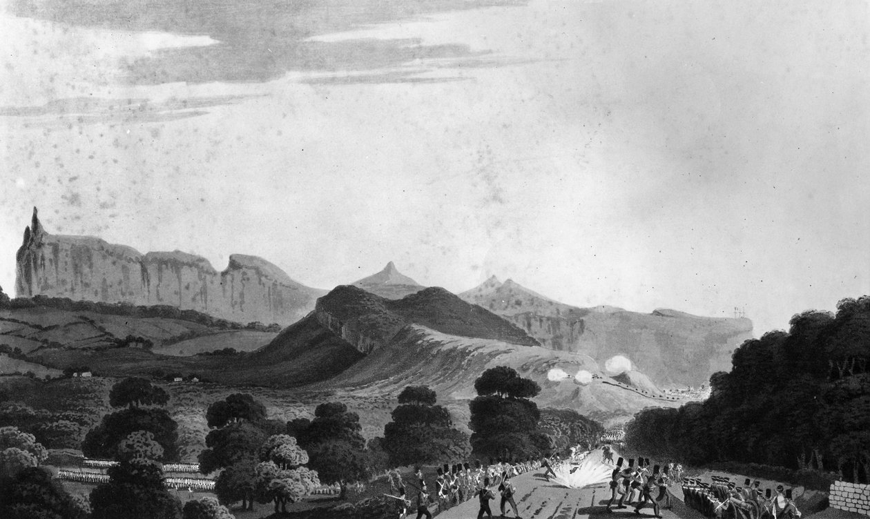 En del av den britiske hæren dannet seg før Port Louis, gravert av I. Clark, 1813 (akvatint) av English School