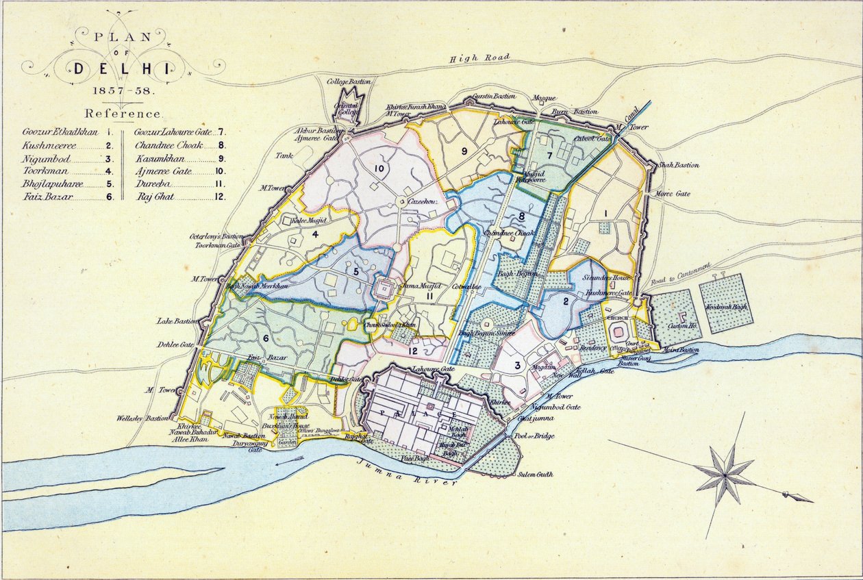 Plan of Delhi 1857-58, gravert av Guyot und Wood, pub. av William Mackenzie, Edinburgh, ca. 1860 av English School