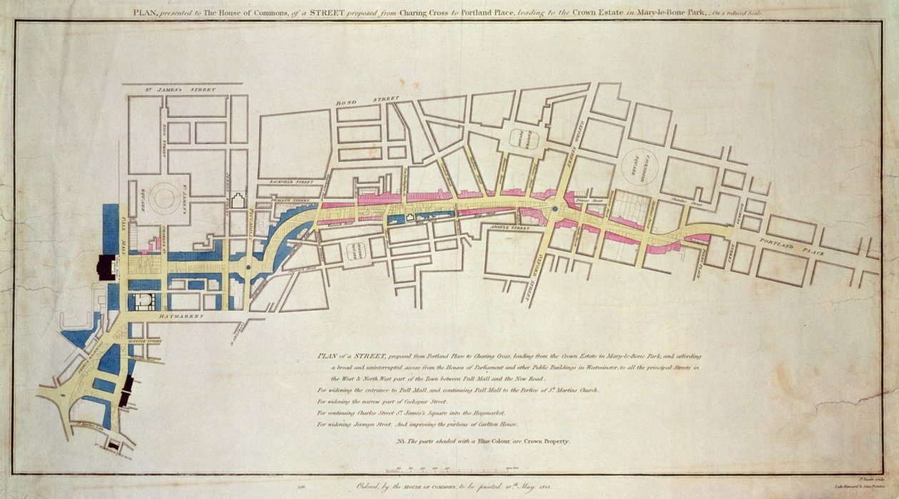 Plan for foreslått gate som går fra Charing Cross til Portland Place, 1848 av English School