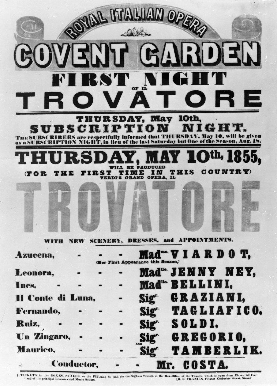 Playbill for Royal Italian Opera i Covent Garden, 1855 (trykt papir) av English School