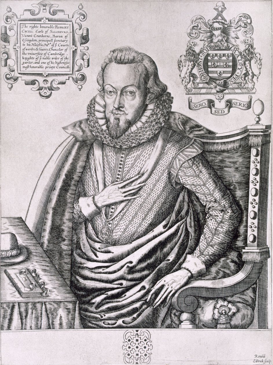 Portrett av Robert Cecil (1563-1612) 1. jarl av Salisbury, gravert av Renold Elstrack (1571-c.1630) ca. 1607 av English School