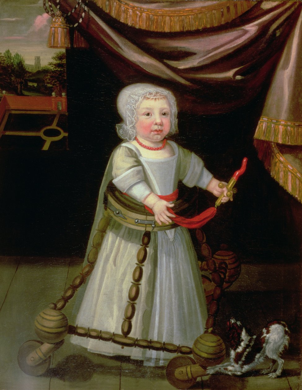 Portrett av en gutt med en korallrangle, ca. 1650-60 av English School