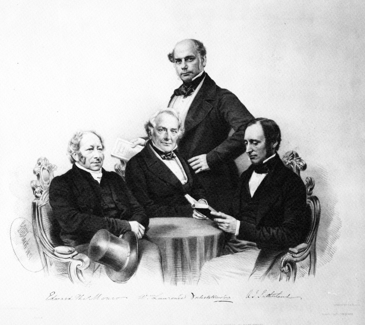 Portrett av legene Edward Monro, William Lawrence, Forbes Winslow og A. J. Sutherland, 1857 av English School