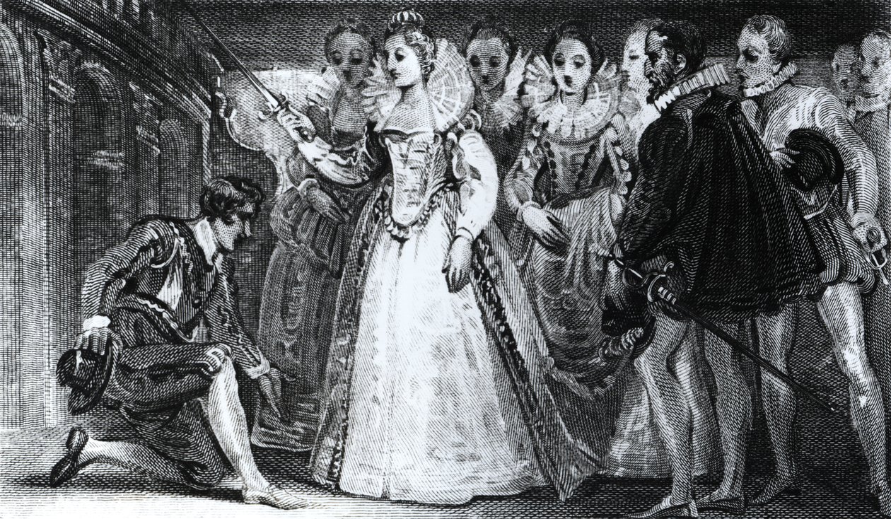 Dronning Elizabeth I (1530-1603) ridder Francis Drake (ca. 1540-96) i 1581 av English School