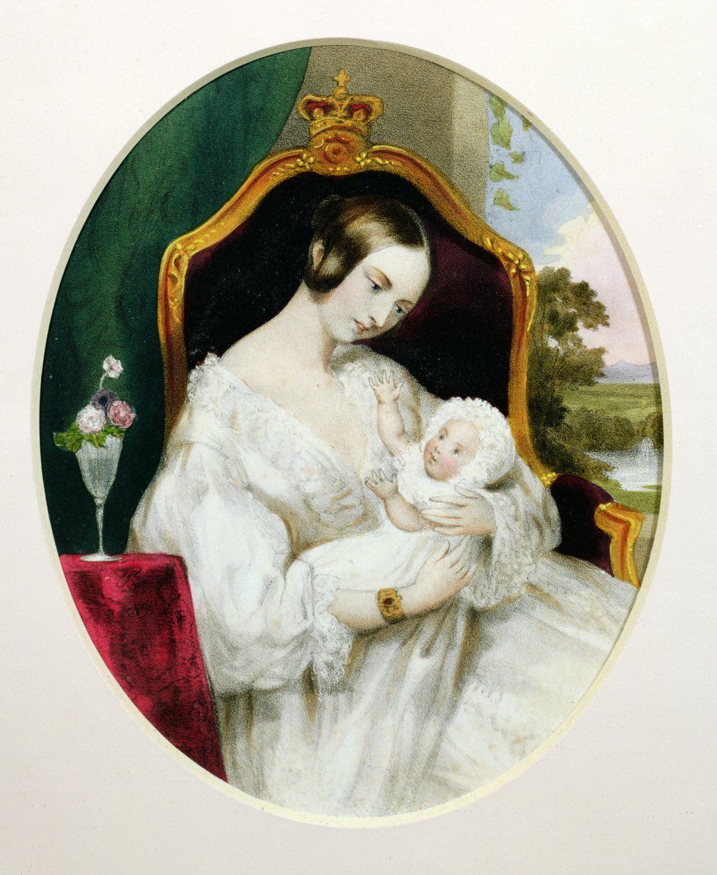 Dronning Victoria (1819-1901) med Princess Royal (1840-1901) som baby (wc på papir) av English School