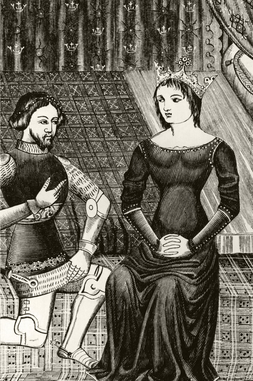 Sir Lancelot kneler foran dronning Guinevere, gravert etter en miniatyr fra 1100-tallet av English School