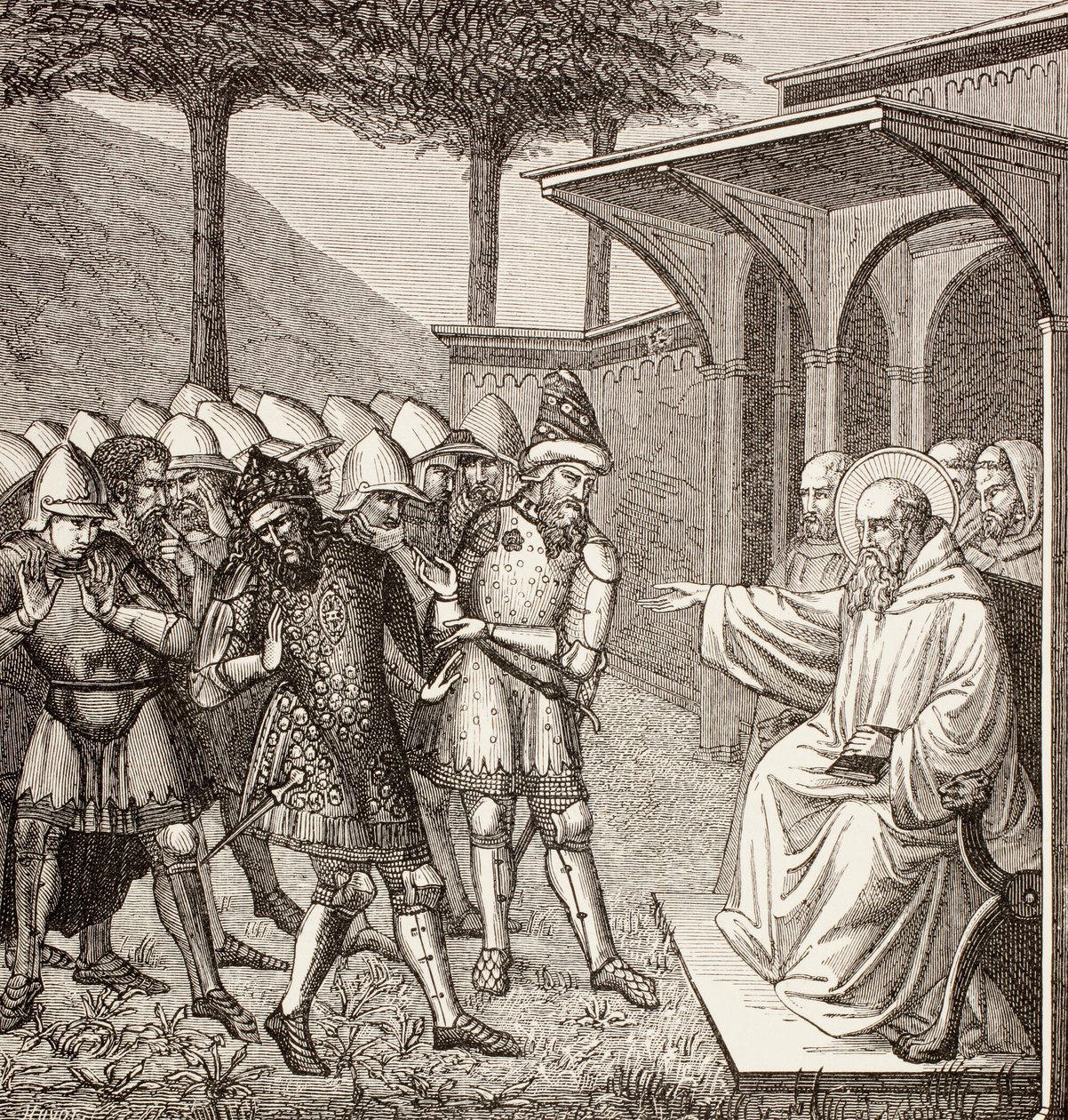 St. Benedict of Nursia bebreider østgoternes konge, ca. 1880 av English School