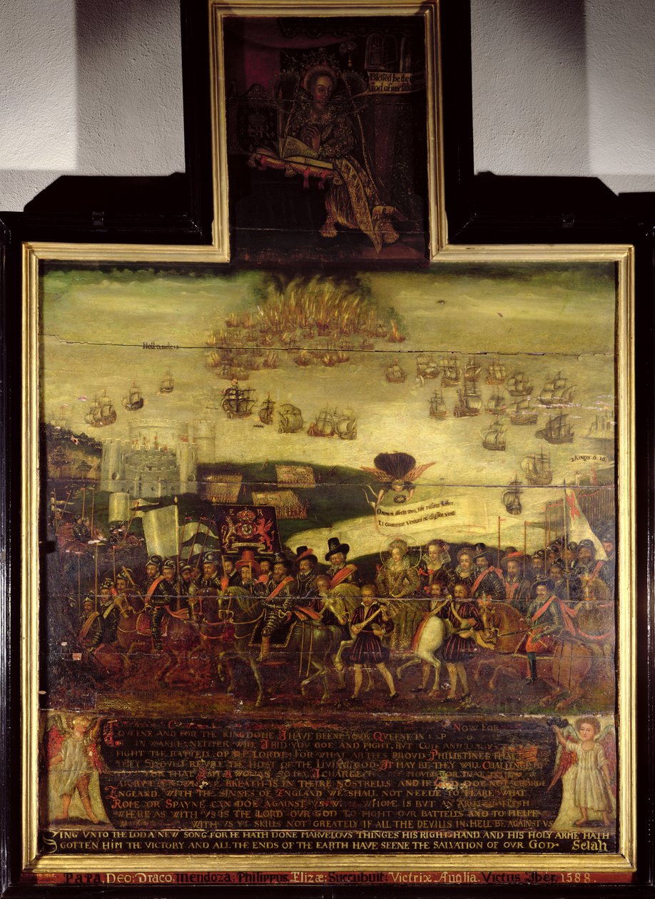 Ankomsten av dronning Elizabeth I (1530-1603) til Tilbury; og nederlaget til den spanske armadaen, venstre panel, av English School (1600-tallet) av English School