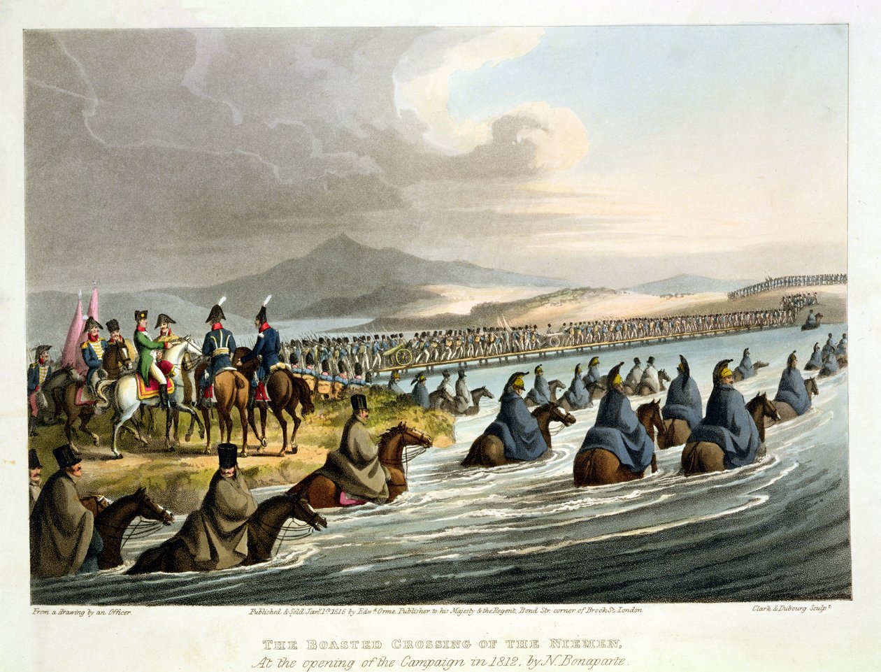 The Boasted Crossing of the Niemen ved åpningen av kampanjen i 1812 av N. Bonaparte, fra en tegning av en offiser, gravert av John Heaviside Clark (ca. 1771-1863) og Matthew Dubourg (fl. 1813-20) av English School