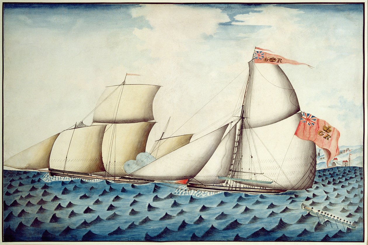 The Capture of The Four Brothers av The Badger, Revenue Cutter, ca. 1823 (penn og wc) av English School