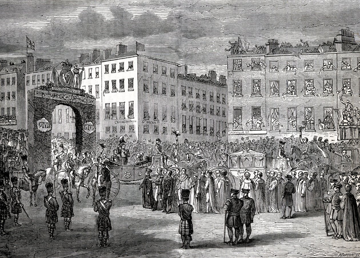 George IVs (1762-1830) inntog i Dublin, 3. september 1821, gravert av Pearson av English School