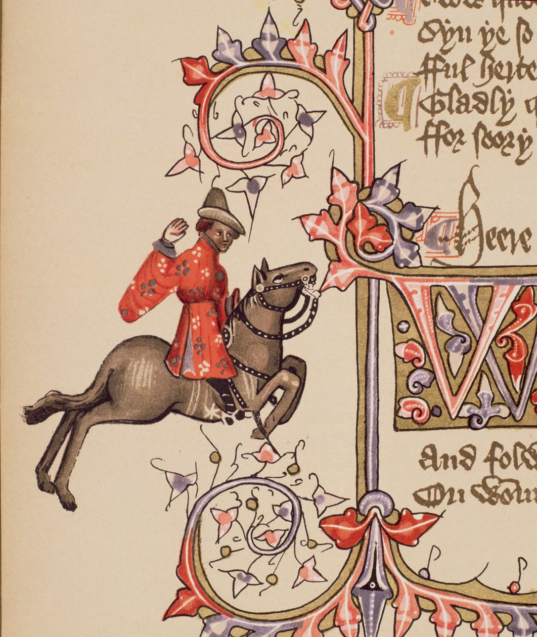 The Merchant, detalj fra The Canterbury Tales, av Geoffrey Chaucer (ca. 1342-1400) Ellesmere Manuscript, faksimileutgave, 1911 (for originale detaljer se 128920) av English School