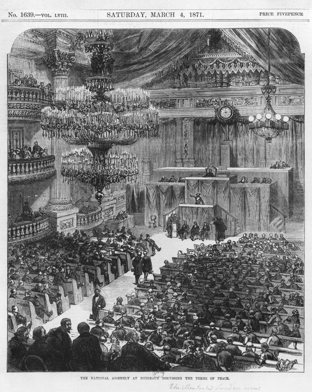 Nasjonalforsamlingen i Bordeaux diskuterer fredsvilkårene, 4. mars 1871 (bw-gravering) av English School