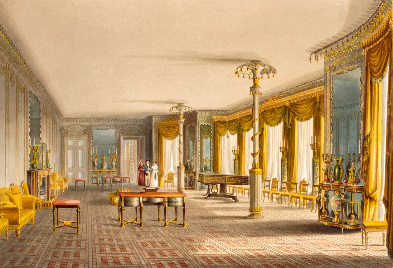 The North Drawing Room, eller Music Room Gallery fra utsikt over The Royal Pavilion, Brighton av John Nash (1752-1835) 1826 (akvatint) av English School