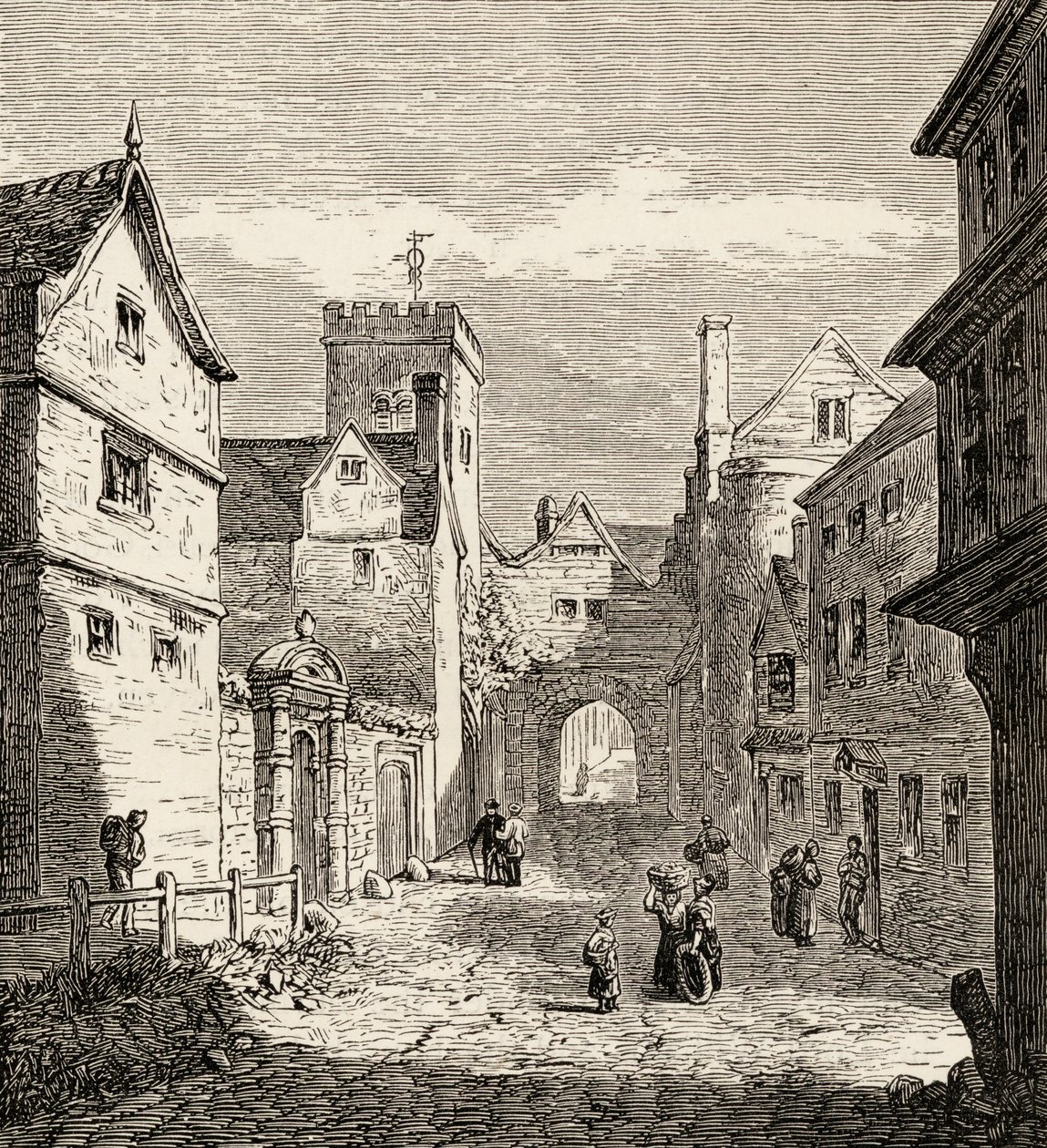 The North Gate og Bocardo Prison, Oxford, ca. 1865 (tregravering) av English School