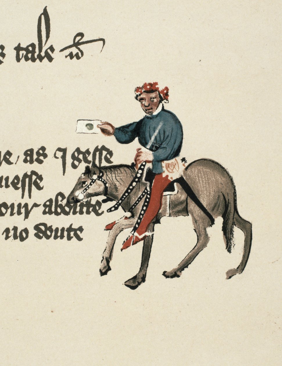 The Summoner, detalj fra The Canterbury Tales, av Geoffrey Chaucer (ca. 1342-1400) Ellesmere Manuscript, faksimileutgave, 1911 (for originale detaljer se 128936) av English School