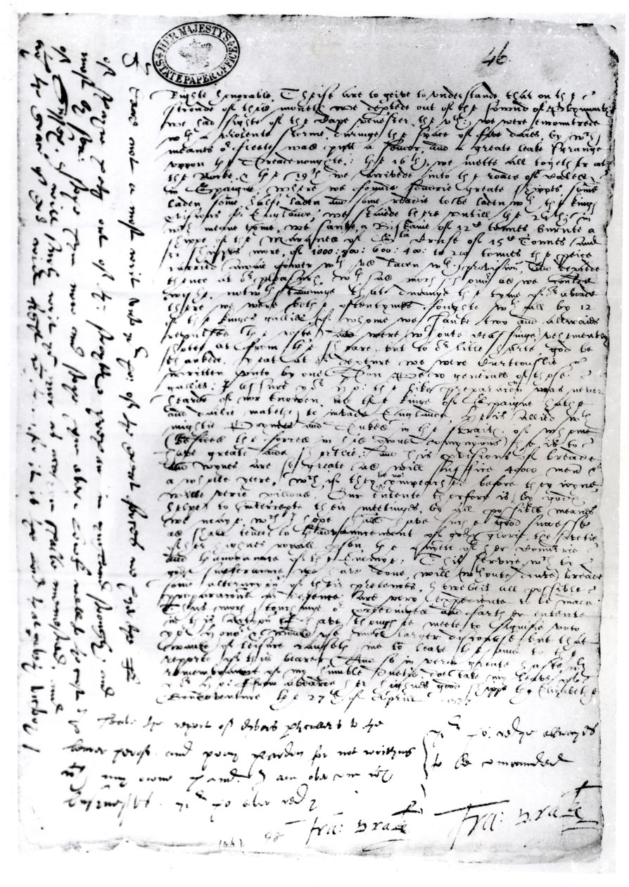 De skriftlige utsendelsene til Sir Francis Drake (ca. 1540-96) fra Cadiz, 1587 (penn og blekk på papir) av English School