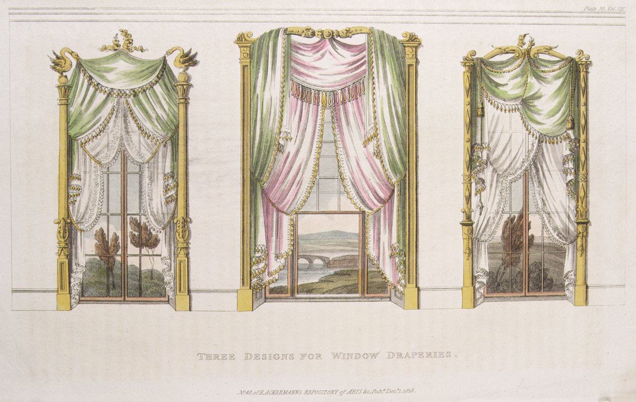 Tre design for vindusgardiner, plate 107 fra Ackermanns Repository of Arts, publisert 1819 av English School