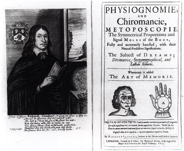 Tittelside til Physiognomie and Chiromancie: The Art of Memory av Richard Sanders, med et portrett av forfatteren, utgitt i 1653 av English School