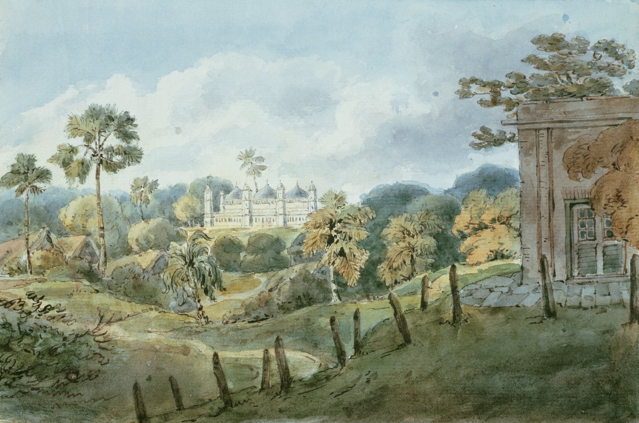 Utsikt fra Captain Williams Bungalow i Mongheer (Munger), ca. 1808 (wc) av English School