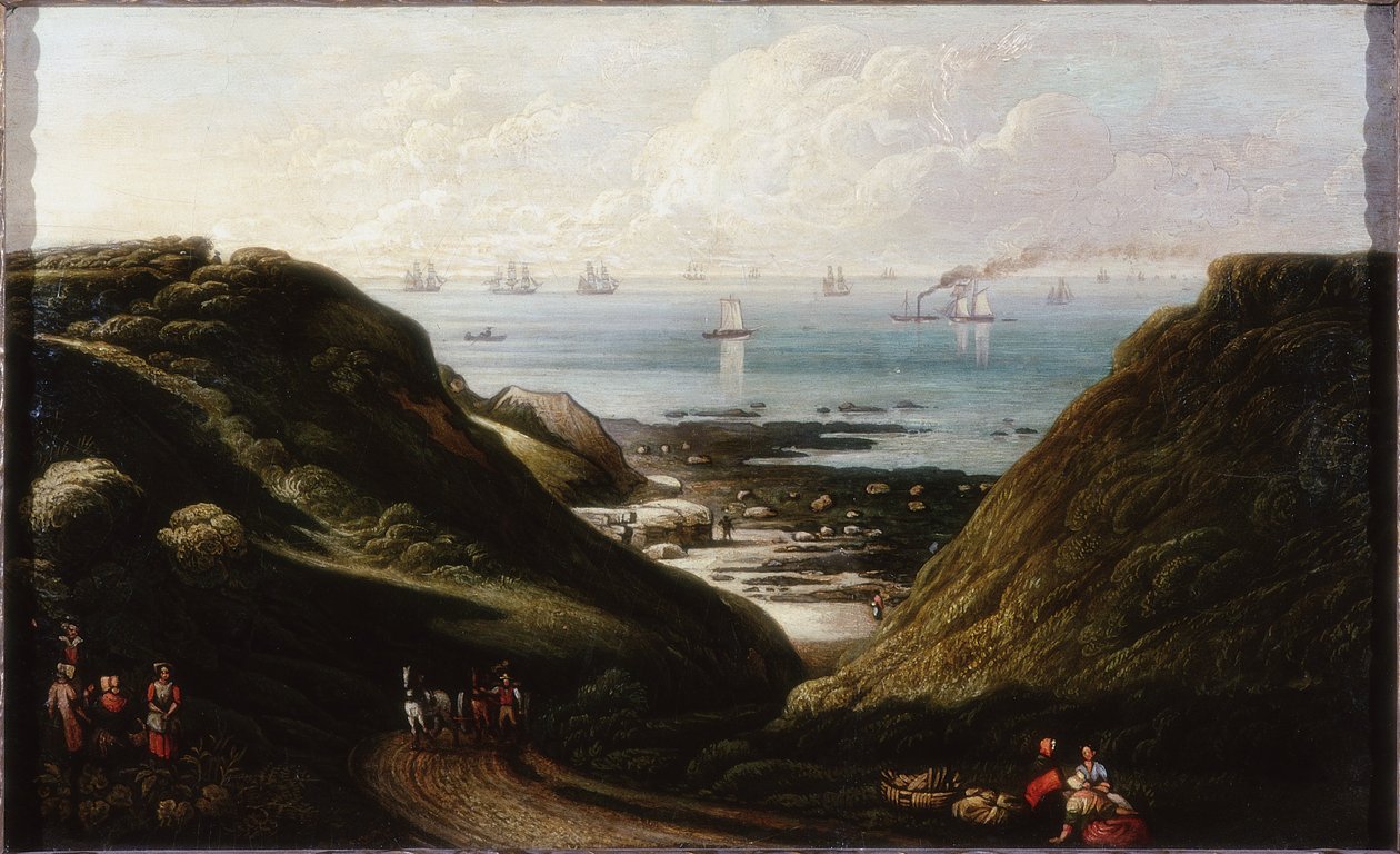 Coast Scene (olje og blyant om bord) av English School English School