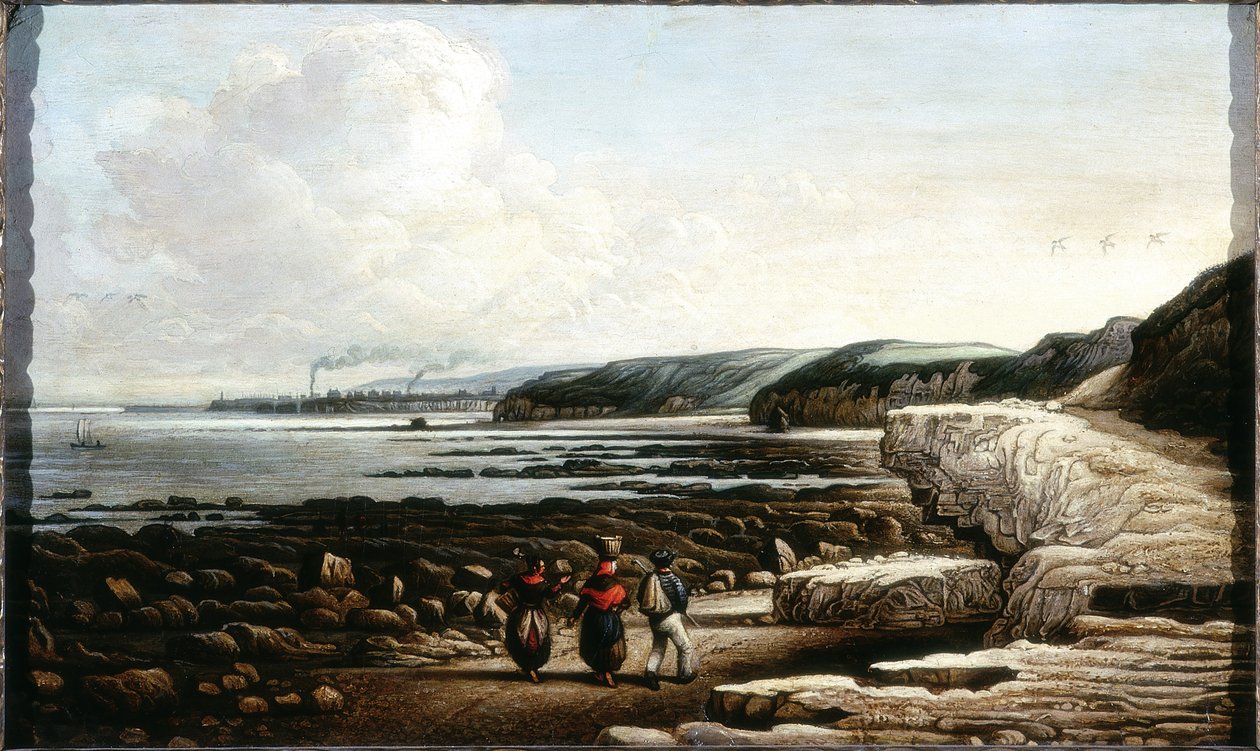 Coast Scene, Cullercoats (olje og blyant på kort) av English School English School