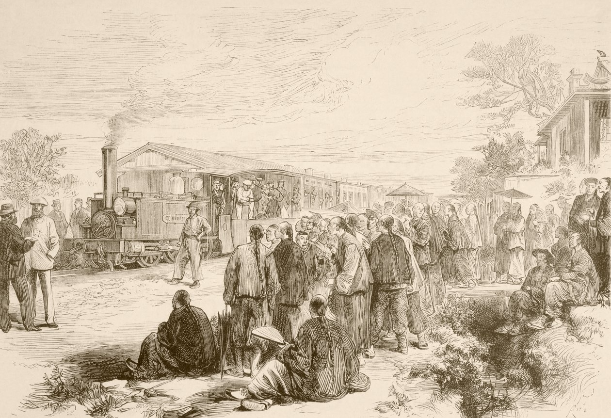 En tidlig kinesisk jernbane ca. 1880 (litho) av English School