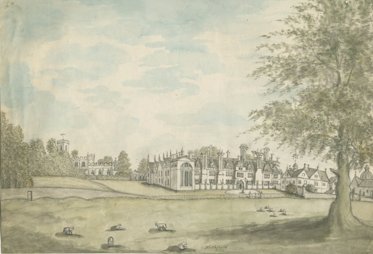 Blithfield Hall: akvarellmaleri, nd [1700-tallet] av English School
