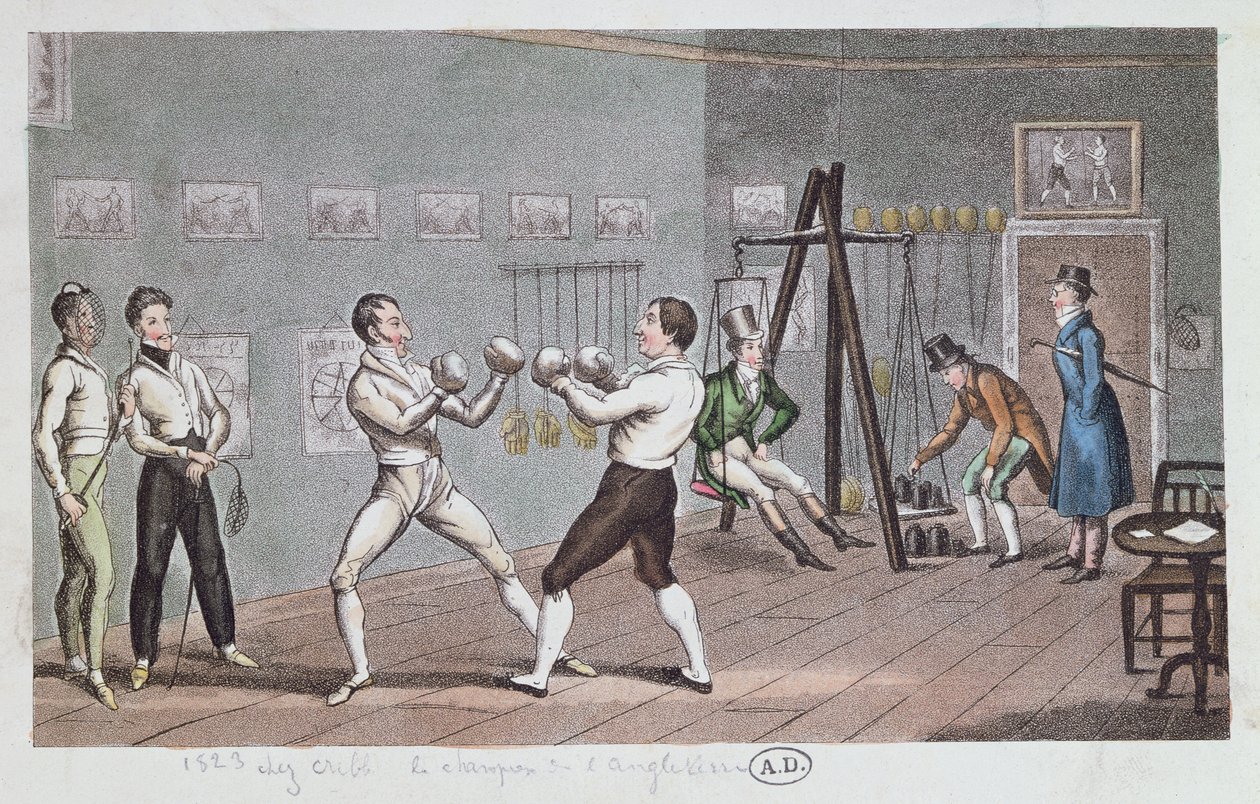 Boksing i England, 1823 (fargegravering) av English School