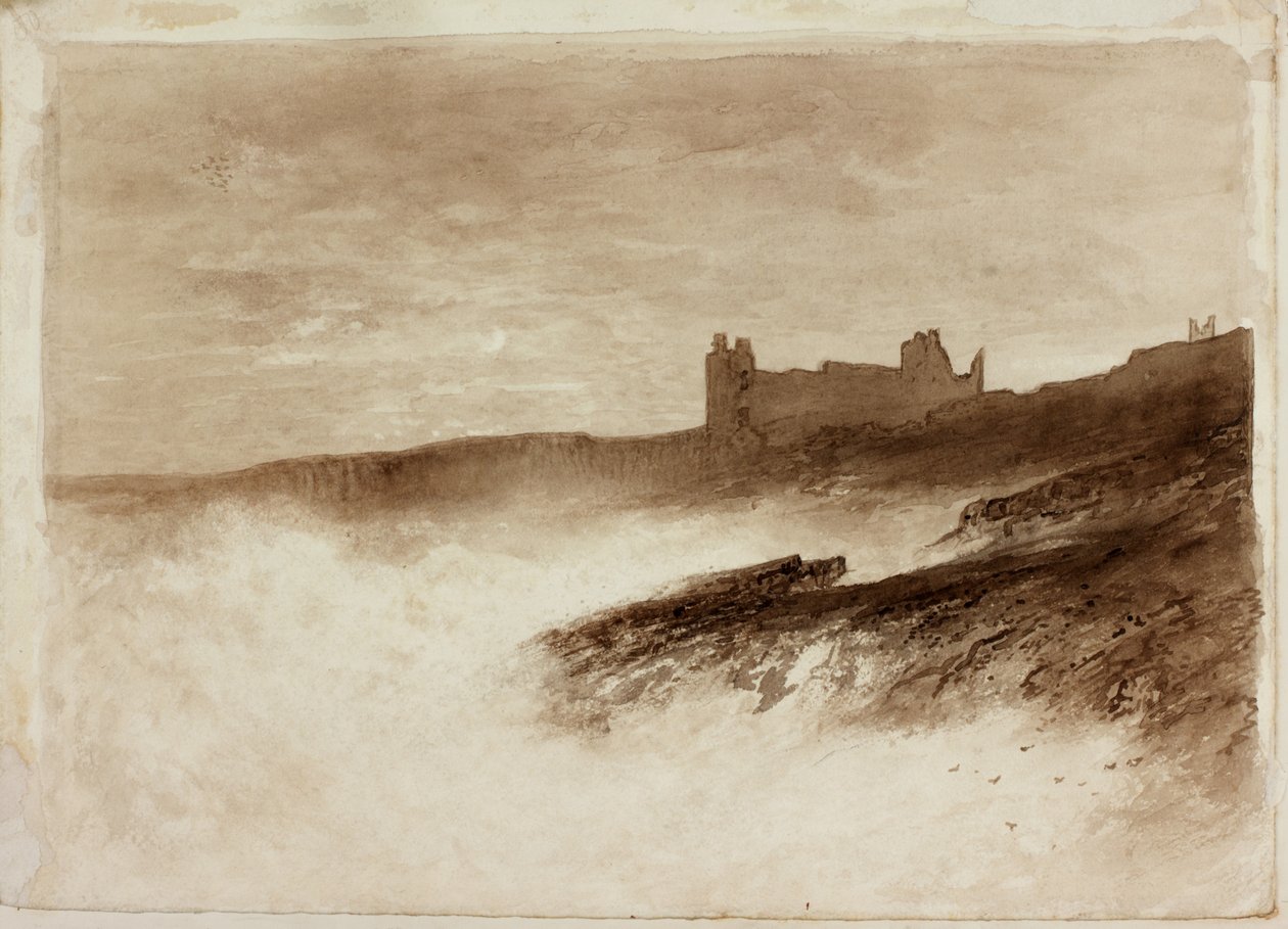 Dunstanburgh Castle (blekk på papir på kort) av English School