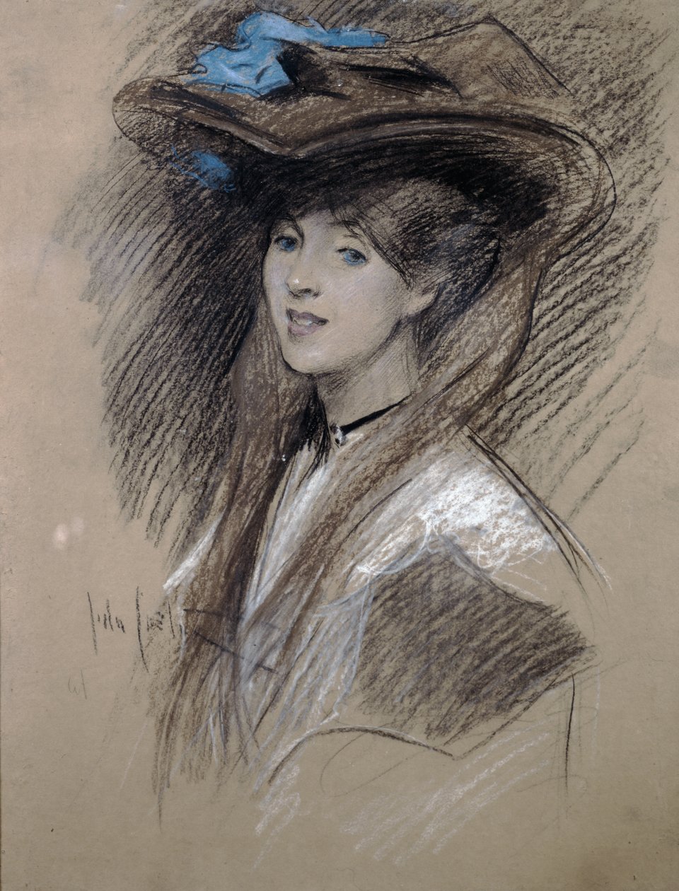 Edwardiansk dame (farget kritt på papir) av English School