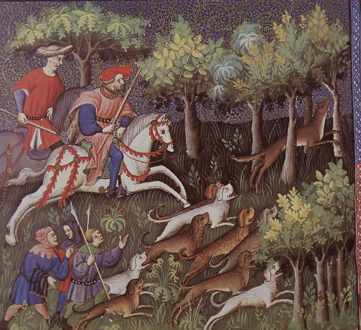 Middelalderaristokrater som jakter rever (tempera på papir) av English School
