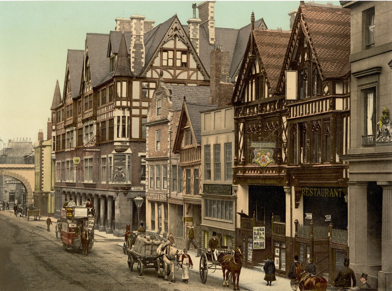 Newgate Street, Chester (håndfarget bilde) av English School