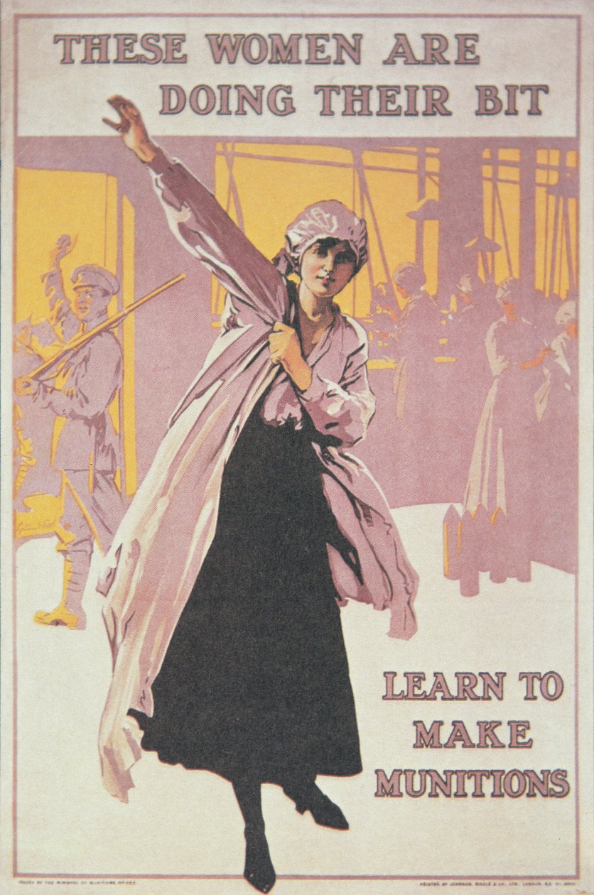 Plakat som viser kvinner som lager ammunisjon (litho i farger) av English School