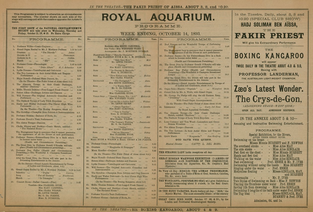 Program for arrangementer på Royal Aquarium av English School